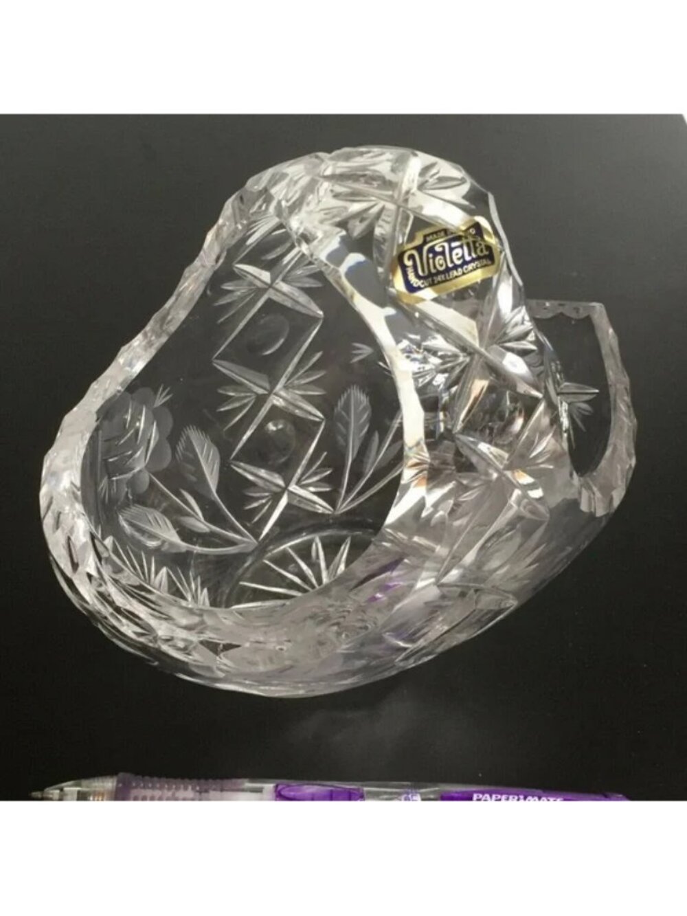 Crystal Basket Candy Dish Etch Rose 🌹 Flower Poland Art Glass